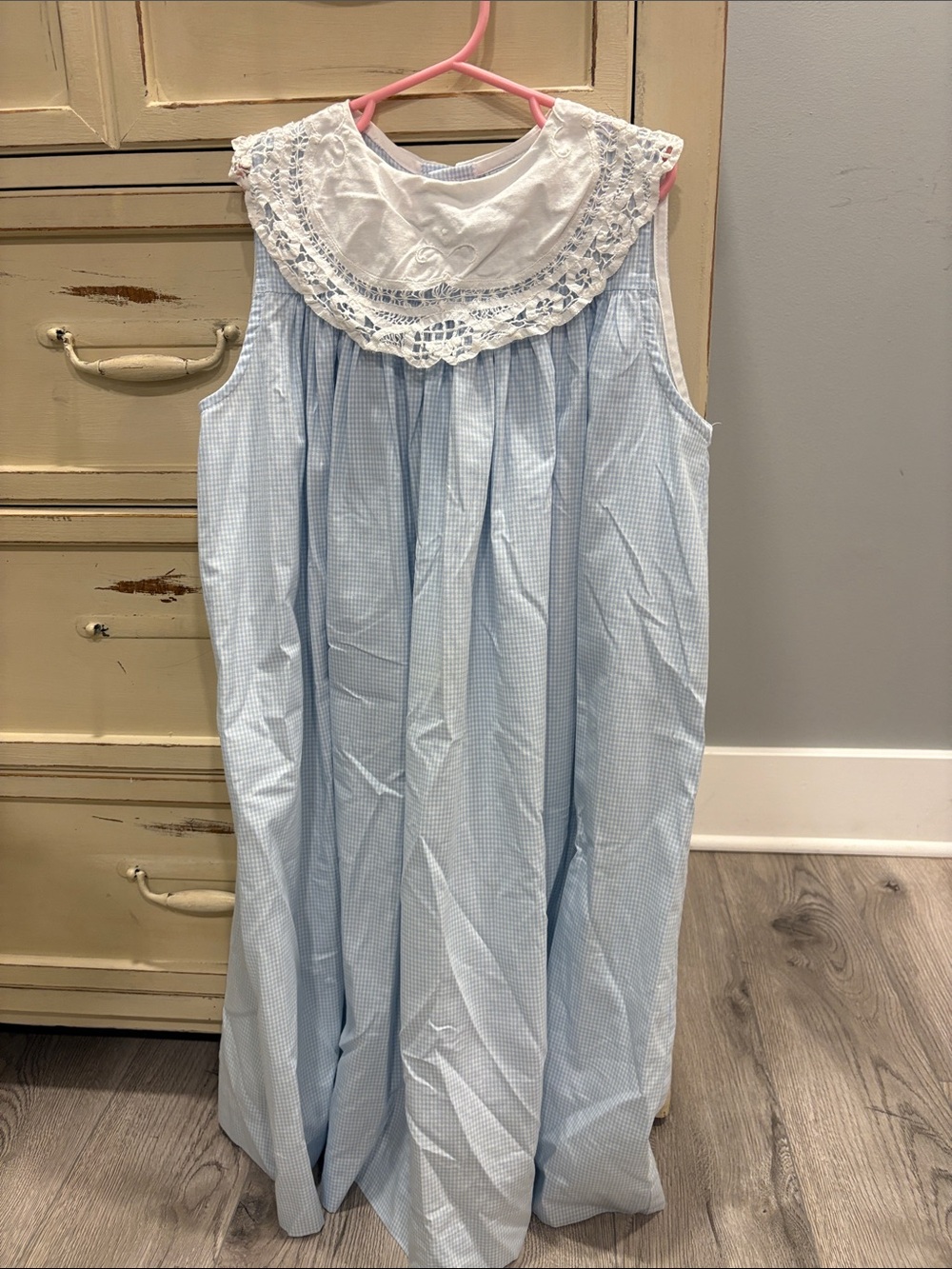 Girls' Light Blue Gingham Sleeveless Dress with Lace Collar